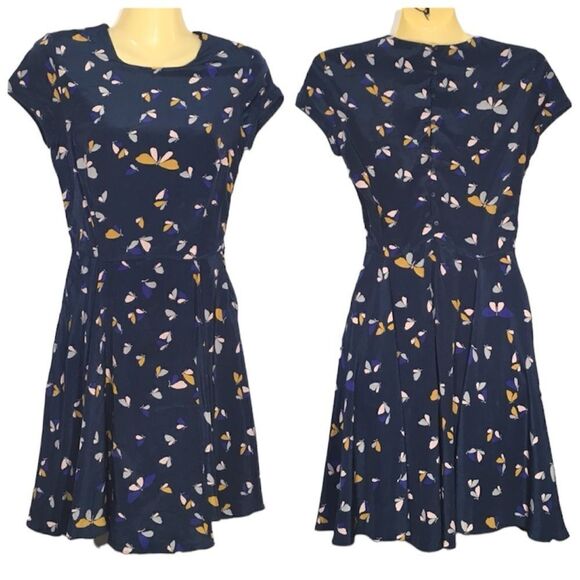 ZARA BUTTERFLY PRINT NAVY BLUE FIT &‎ FLARE SHORT SLEEVE MINI DRESS XS FAIRY - Picture 1 of 8